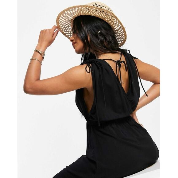 Asos Black Wrap V-Neck Sleeveless LBD Summer Beach Vavation Midi Maxi Dress Sz 4 - Picture 4 of 9